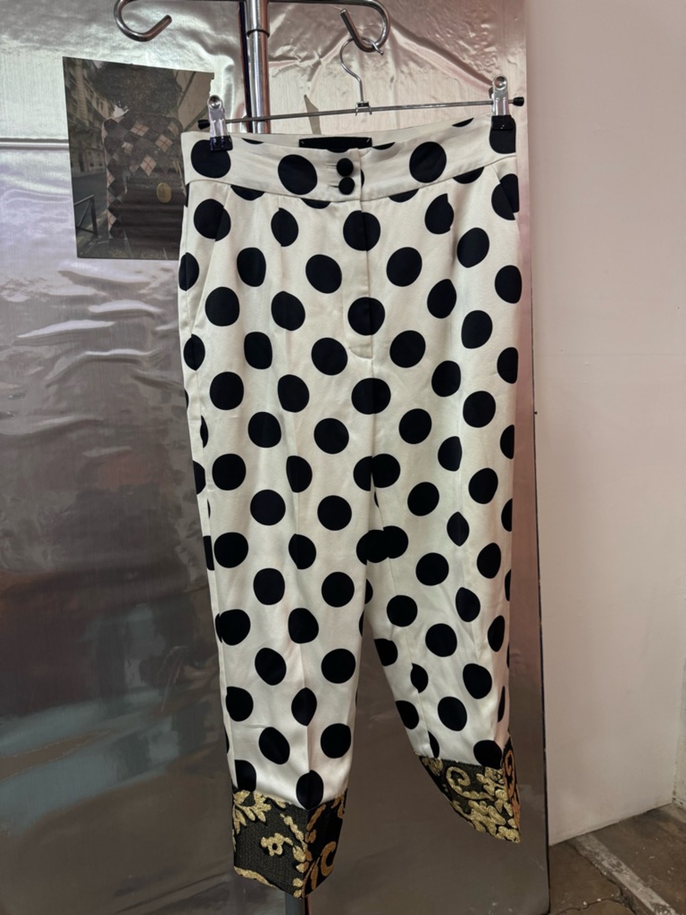 Dolce & Gabbana White and Black Polka Dot Capris with Gold Trim